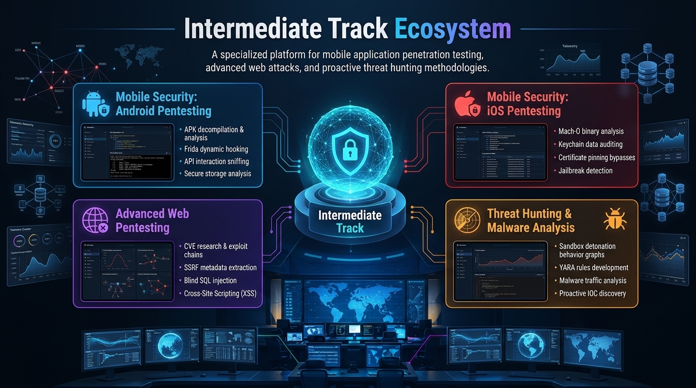 Hacktify Intermediate Track Mobile Security and Threat Hunting Infographic